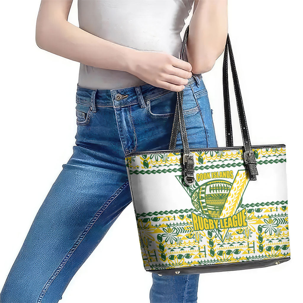 Cook Islands Island Floral Leather Tote Bag White Traditional Kuki's Geometric Pattern LT9 - Polynesian Pride