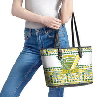 Cook Islands Island Floral Leather Tote Bag White Traditional Kuki's Geometric Pattern LT9 - Polynesian Pride