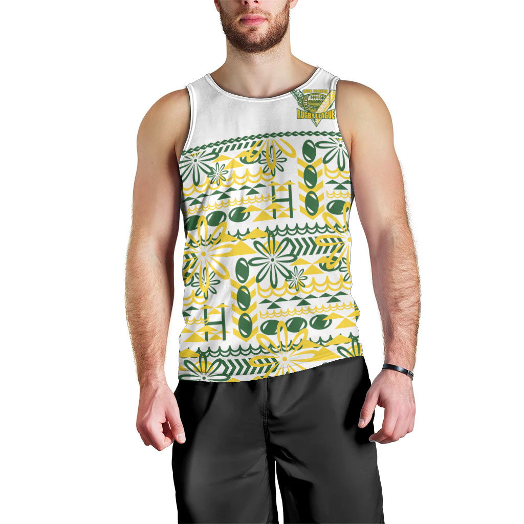 Cook Islands Island Floral Men Tank Top White Traditional Kuki's Geometric Pattern LT9 - Polynesian Pride