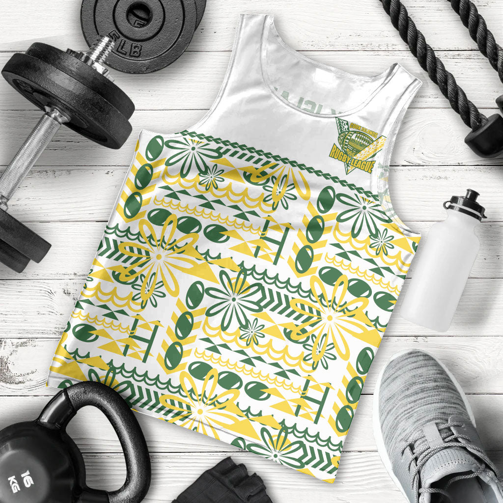 Cook Islands Island Floral Men Tank Top White Traditional Kuki's Geometric Pattern LT9 - Polynesian Pride