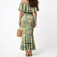 Cook Islands Island Floral Mermaid Dress White Traditional Kuki's Geometric Pattern LT9 - Polynesian Pride