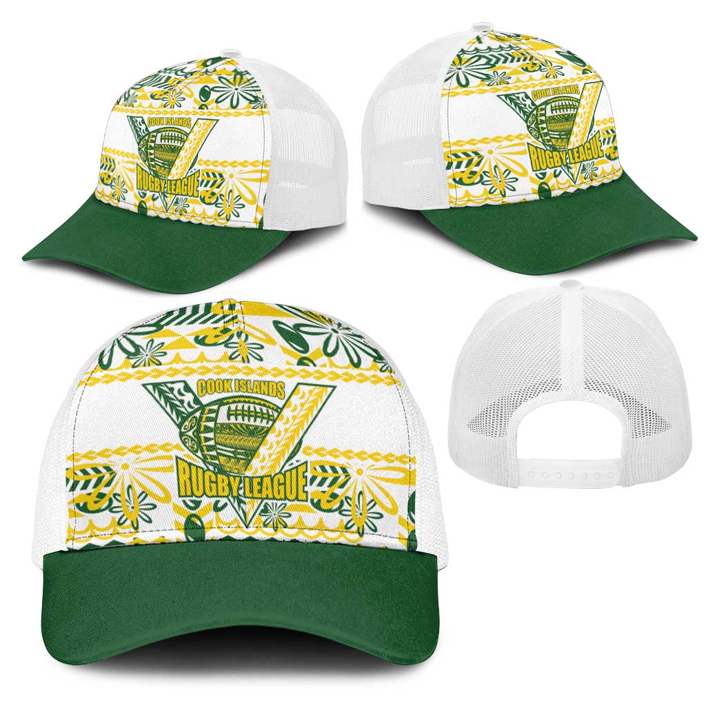 Cook Islands Island Floral Mesh Trucker Cap White Traditional Kuki's Geometric Pattern LT9 - Polynesian Pride