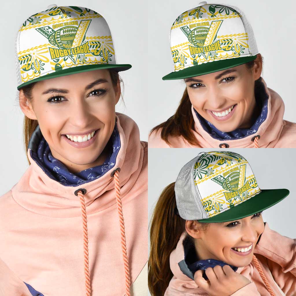Cook Islands Island Floral Mesh Trucker Cap White Traditional Kuki's Geometric Pattern LT9 - Polynesian Pride