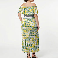 Cook Islands Island Floral Off Shoulder Maxi Dress White Traditional Kuki's Geometric Pattern LT9 - Polynesian Pride