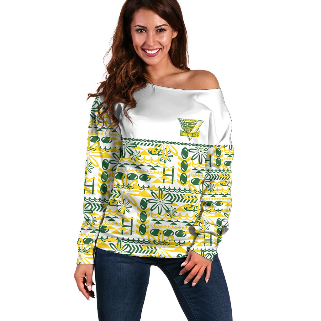 Cook Islands Island Floral Off Shoulder Sweater White Traditional Kuki's Geometric Pattern LT9 Women White - Polynesian Pride