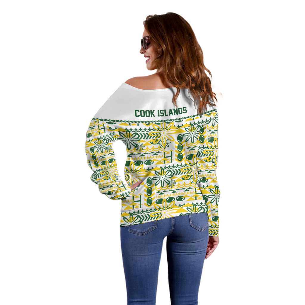 Cook Islands Island Floral Off Shoulder Sweater White Traditional Kuki's Geometric Pattern LT9 - Polynesian Pride