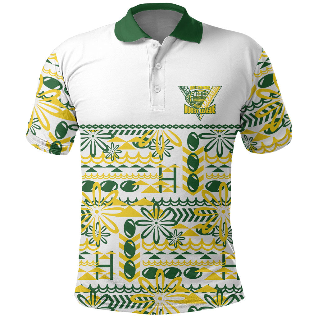 Cook Islands Island Floral Polo Shirt White Traditional Kuki's Geometric Pattern LT9 White - Polynesian Pride