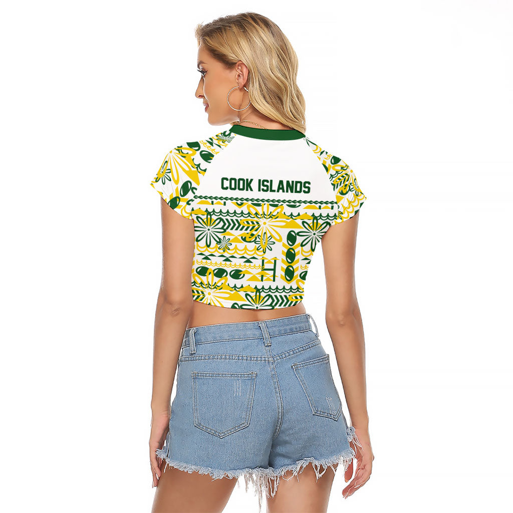 Cook Islands Island Floral Raglan Cropped T Shirt White Traditional Kuki's Geometric Pattern LT9 - Polynesian Pride