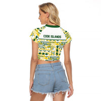 Cook Islands Island Floral Raglan Cropped T Shirt White Traditional Kuki's Geometric Pattern LT9 - Polynesian Pride