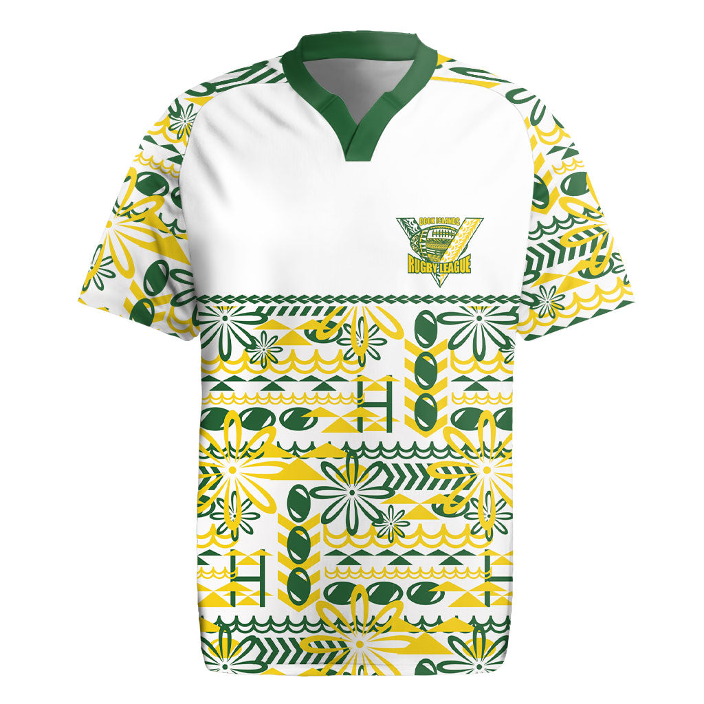 Cook Islands Island Floral Rugby Jersey White Traditional Kuki's Geometric Pattern LT9 White - Polynesian Pride