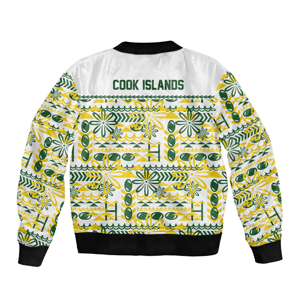 Cook Islands Island Floral Sleeve Zip Bomber Jacket White Traditional Kuki's Geometric Pattern LT9 - Polynesian Pride