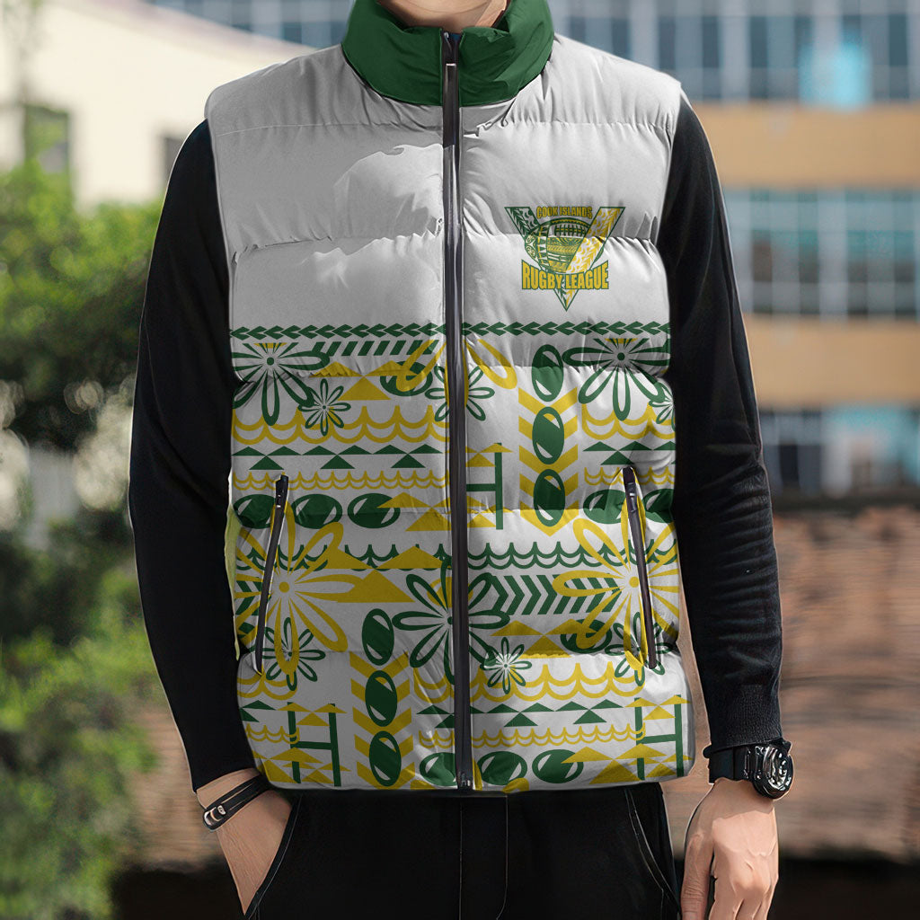 Cook Islands Island Floral Sleeveless Puffer Jacket White Traditional Kuki's Geometric Pattern LT9 - Polynesian Pride