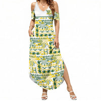 Cook Islands Island Floral Summer Maxi Dress White Traditional Kuki's Geometric Pattern LT9 Women White - Polynesian Pride