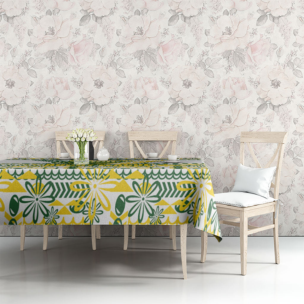 Cook Islands Island Floral Tablecloth White Traditional Kuki's Geometric Pattern LT9 - Polynesian Pride