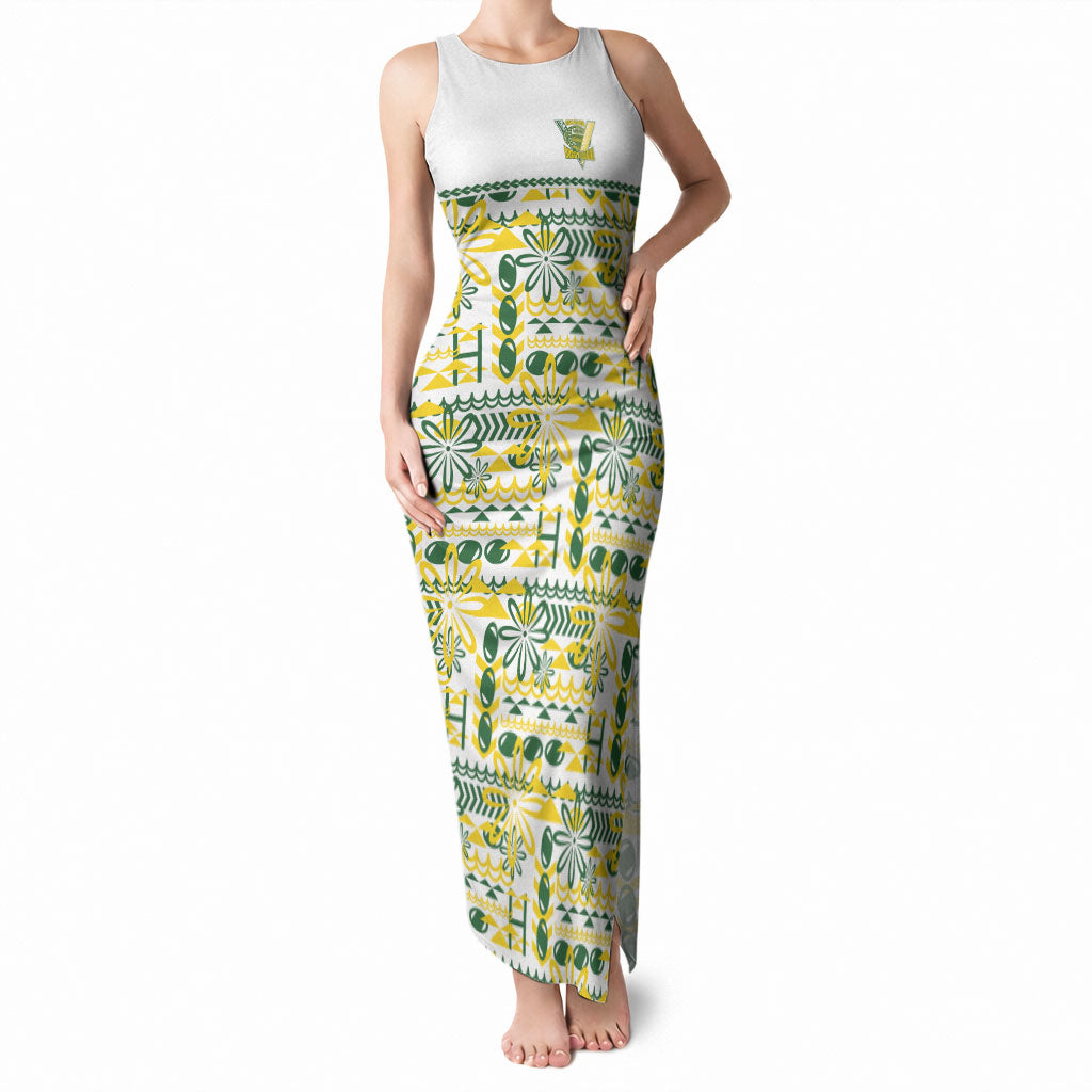 Cook Islands Island Floral Tank Maxi Dress White Traditional Kuki's Geometric Pattern LT9 Women White - Polynesian Pride