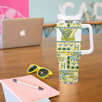 Cook Islands Island Floral Tumbler With Handle White Traditional Kuki's Geometric Pattern LT9 - Polynesian Pride