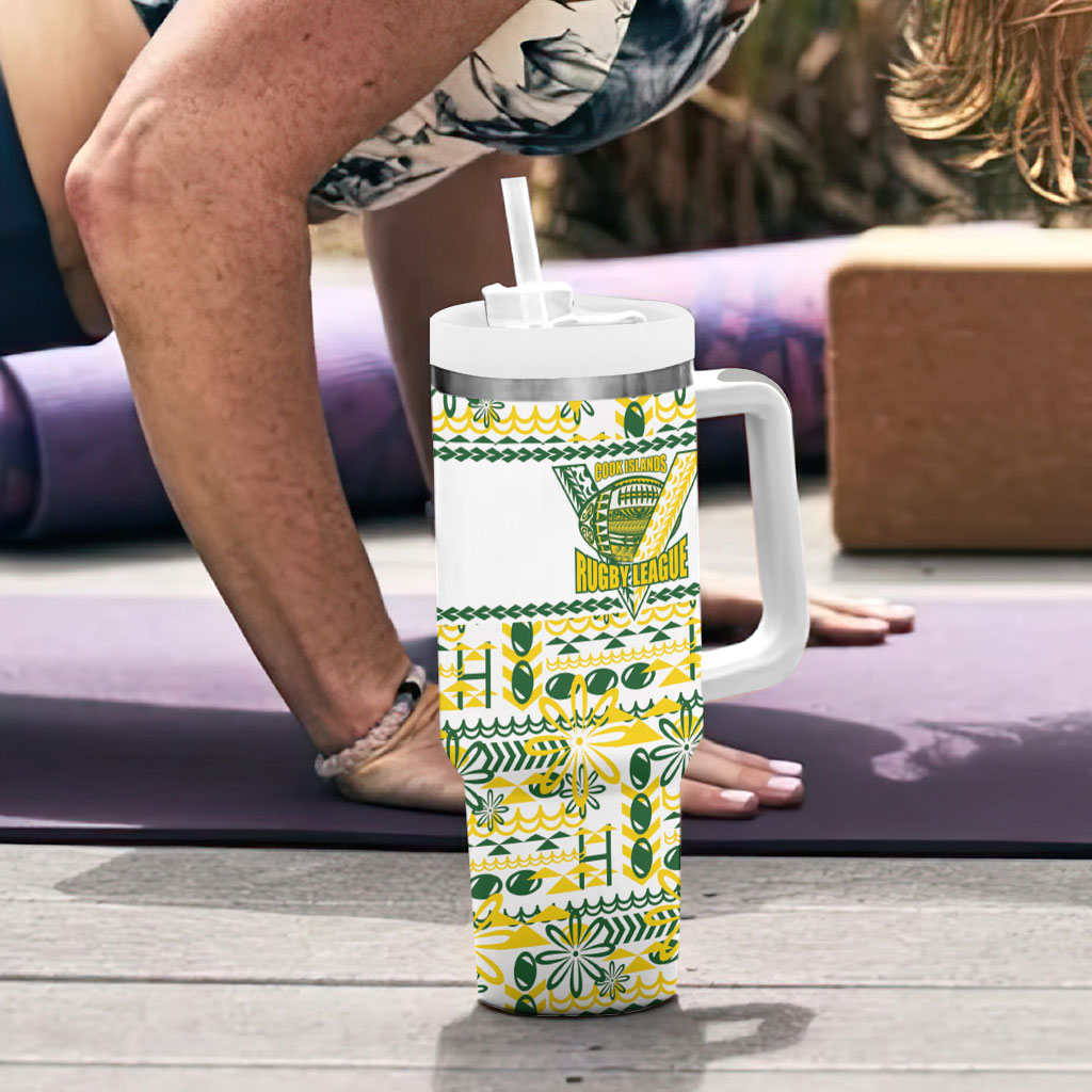 Cook Islands Island Floral Tumbler With Handle White Traditional Kuki's Geometric Pattern LT9 - Polynesian Pride