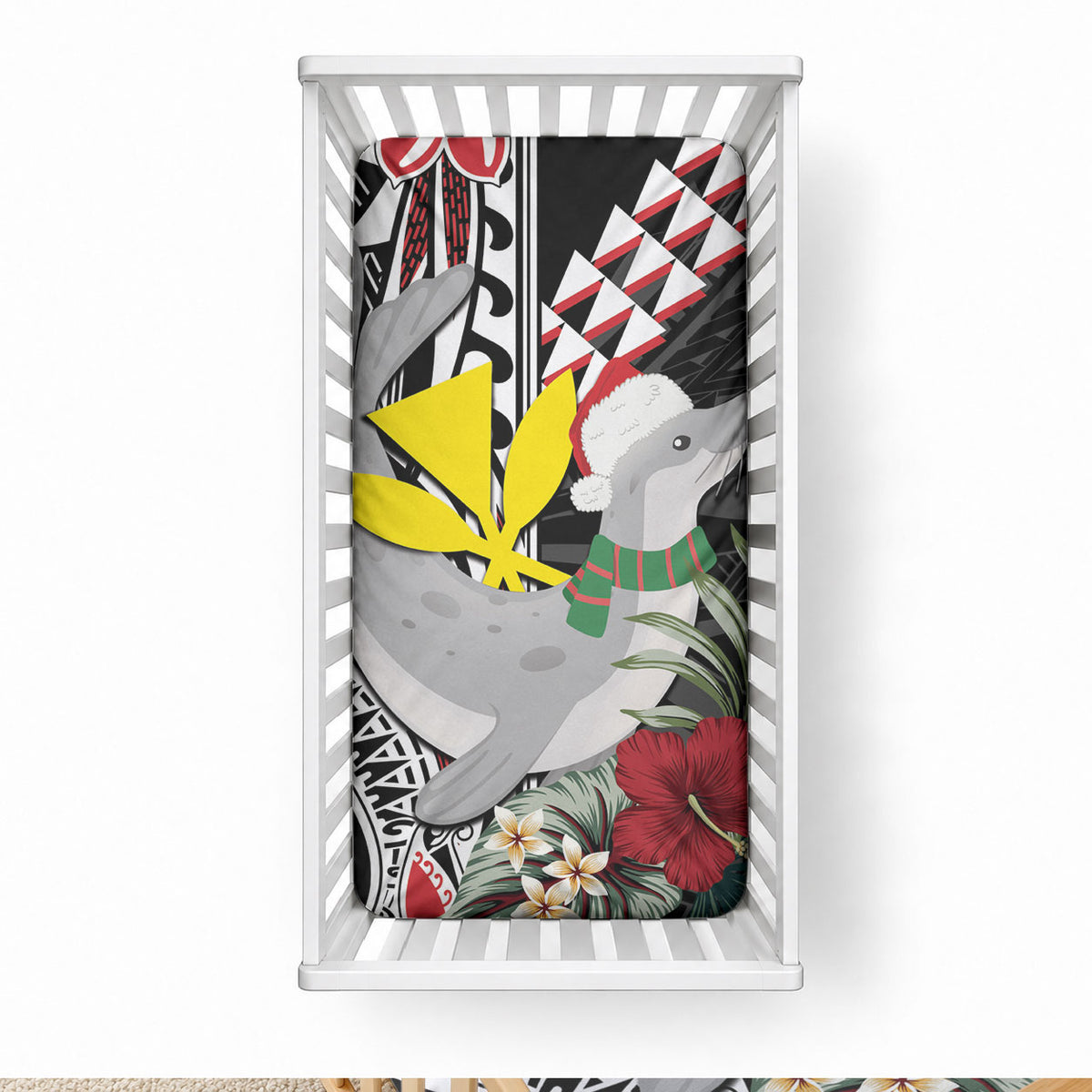 Hawaii Monk Seal Santa Baby Bed Cover Hibiscus Kakau Pattern Mele Kalikimaka LT9 28 × 52 in Black - Polynesian Pride