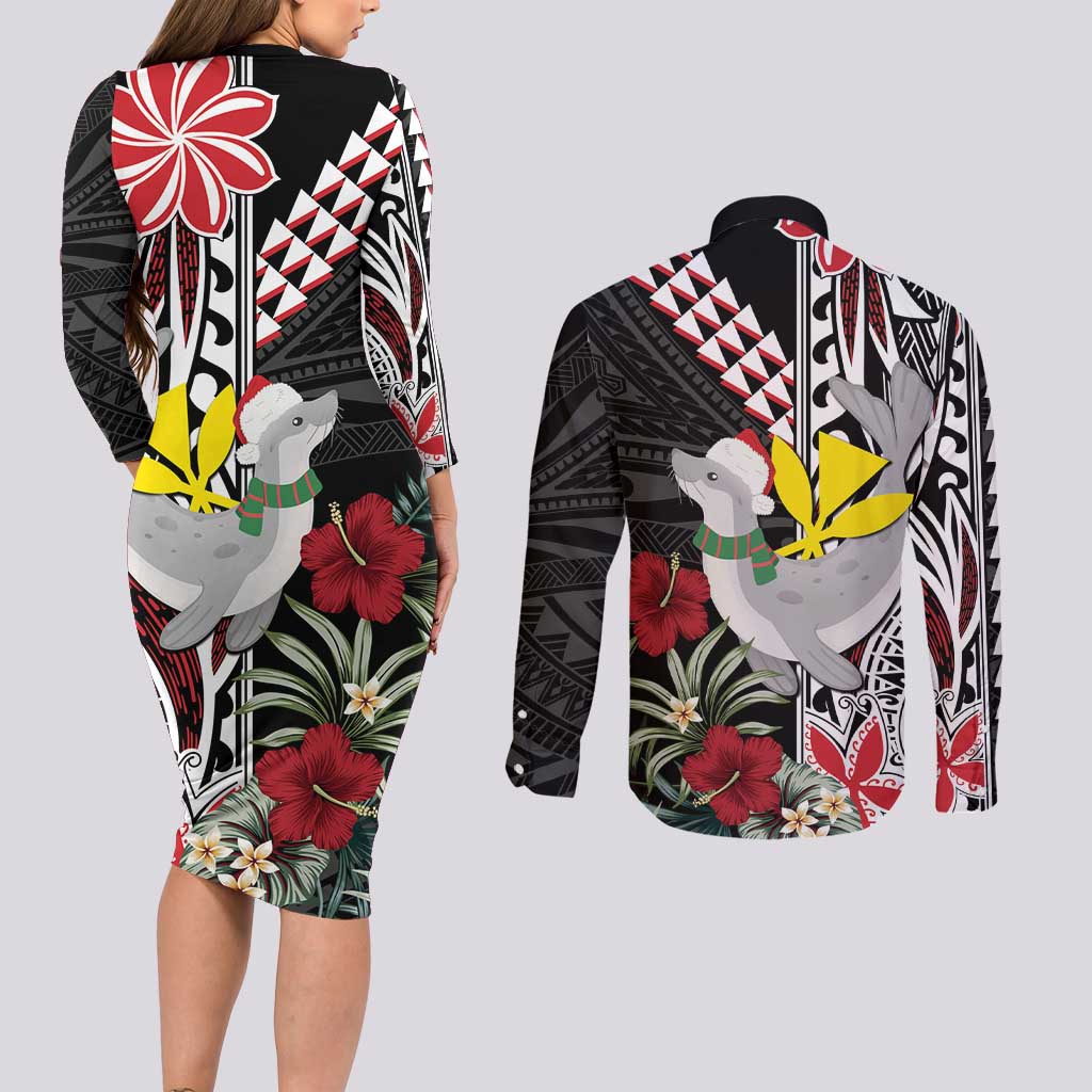 Hawaii Monk Seal Santa Couples Matching Long Sleeve Bodycon Dress and Long Sleeve Button Shirt Hibiscus Kakau Pattern Mele Kalikimaka