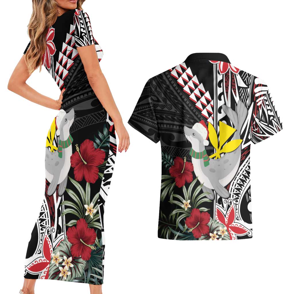 Hawaii Monk Seal Santa Couples Matching Short Sleeve Bodycon Dress and Hawaiian Shirt Hibiscus Kakau Pattern Mele Kalikimaka LT9 - Polynesian Pride
