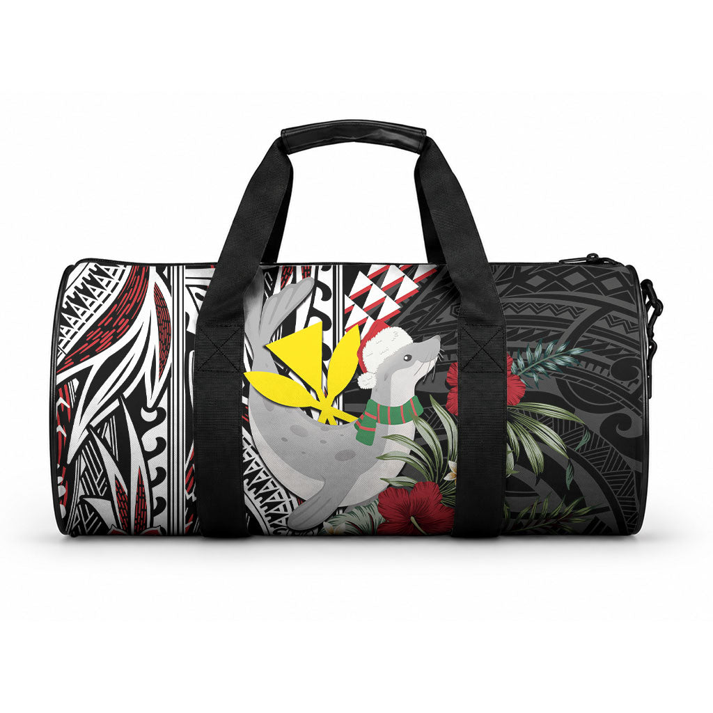 Hawaii Monk Seal Santa Duffle Bag Hibiscus Kakau Pattern Mele Kalikimaka LT9 One size Black - Polynesian Pride