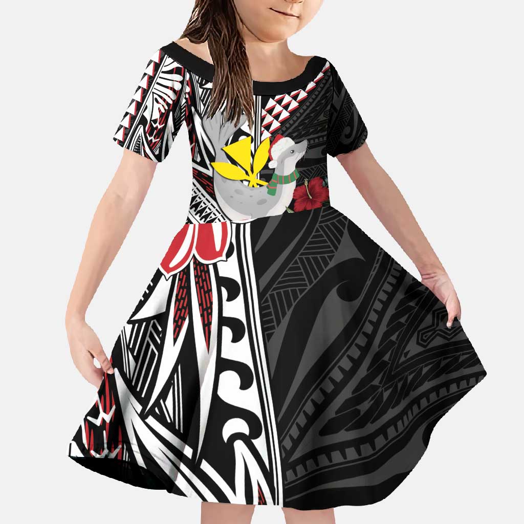 Hawaii Monk Seal Santa Family Matching Long Sleeve Bodycon Dress and Hawaiian Shirt Hibiscus Kakau Pattern Mele Kalikimaka LT9 Daughter's Dress Black - Polynesian Pride