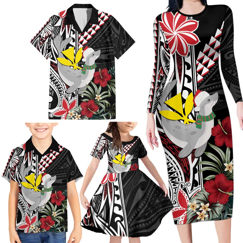 Hawaii Monk Seal Santa Family Matching Long Sleeve Bodycon Dress and Hawaiian Shirt Hibiscus Kakau Pattern Mele Kalikimaka LT9 - Polynesian Pride
