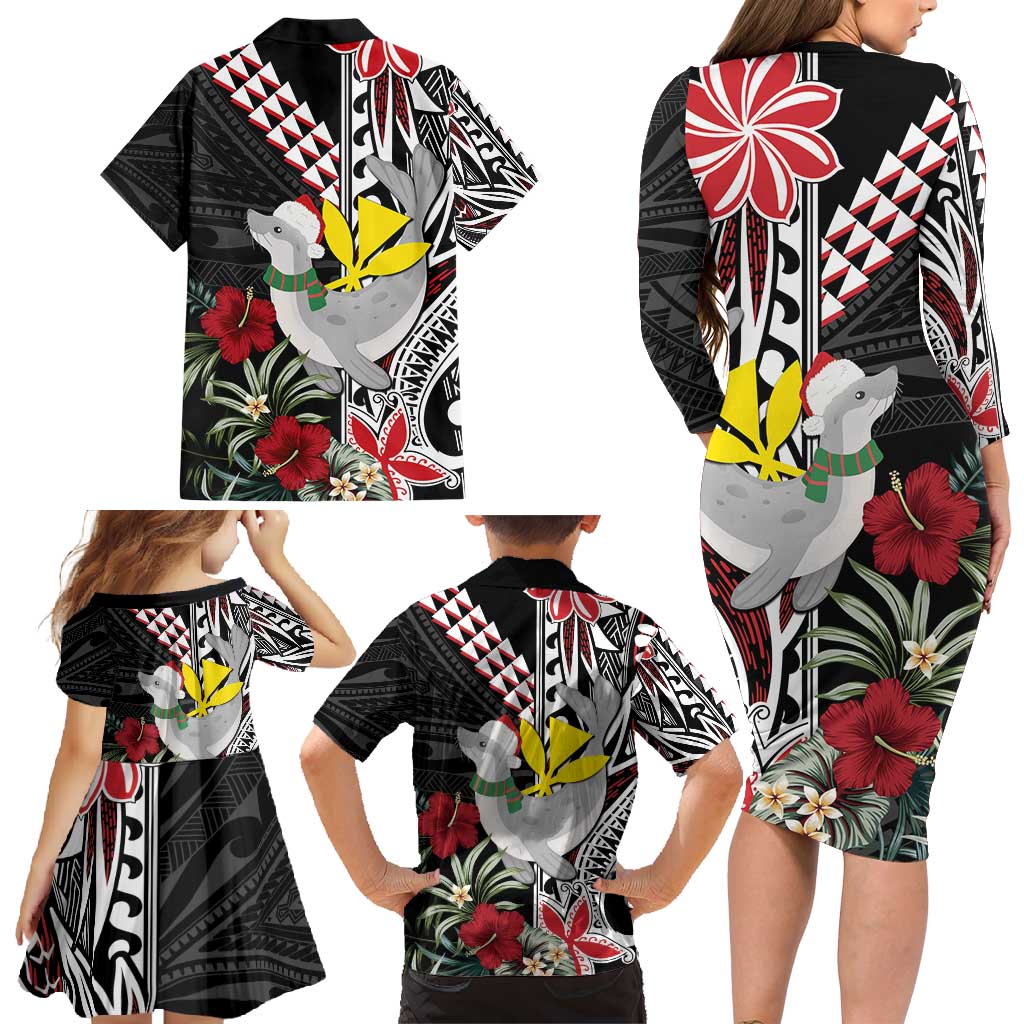 Hawaii Monk Seal Santa Family Matching Long Sleeve Bodycon Dress and Hawaiian Shirt Hibiscus Kakau Pattern Mele Kalikimaka LT9 - Polynesian Pride