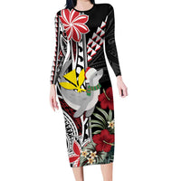 Hawaii Monk Seal Santa Family Matching Long Sleeve Bodycon Dress and Hawaiian Shirt Hibiscus Kakau Pattern Mele Kalikimaka LT9 Mom's Dress Black - Polynesian Pride