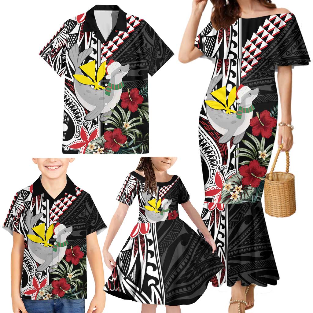 Hawaii Monk Seal Santa Family Matching Mermaid Dress and Hawaiian Shirt Hibiscus Kakau Pattern Mele Kalikimaka LT9 - Polynesian Pride