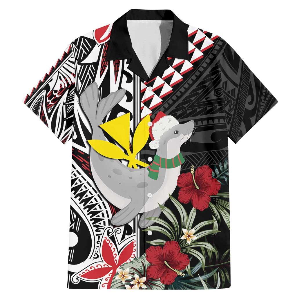 Hawaii Monk Seal Santa Family Matching Mermaid Dress and Hawaiian Shirt Hibiscus Kakau Pattern Mele Kalikimaka LT9 Dad's Shirt - Short Sleeve Black - Polynesian Pride