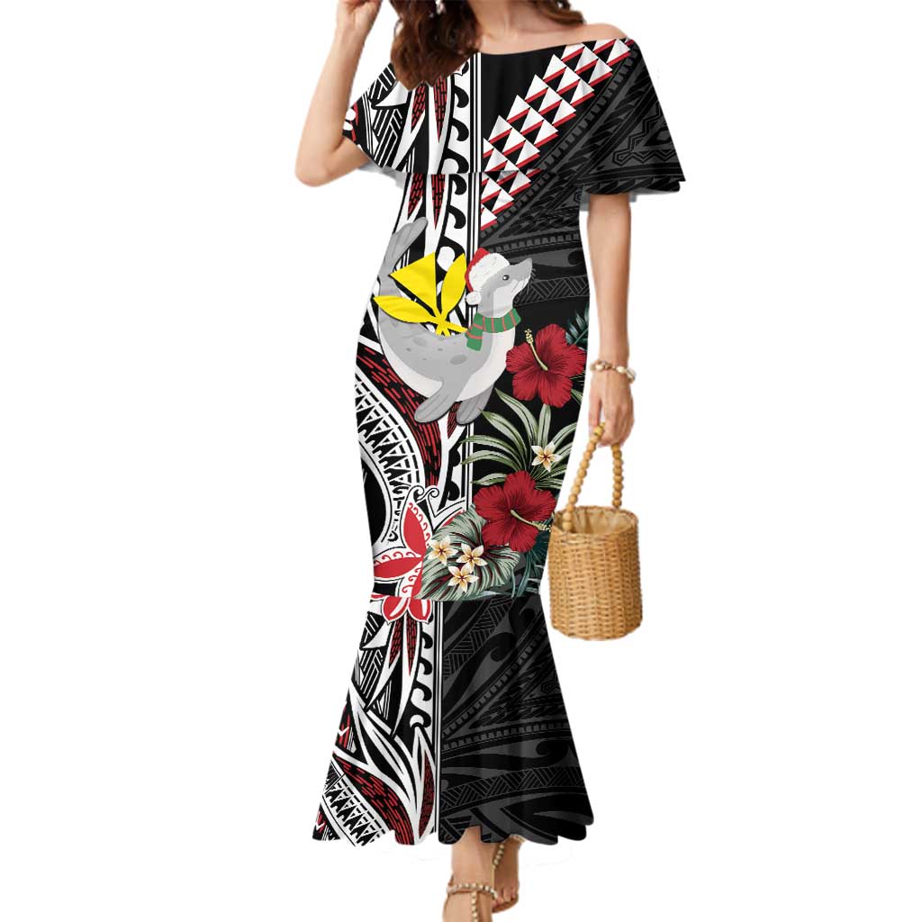 Hawaii Monk Seal Santa Family Matching Mermaid Dress and Hawaiian Shirt Hibiscus Kakau Pattern Mele Kalikimaka LT9 Mom's Dress Black - Polynesian Pride