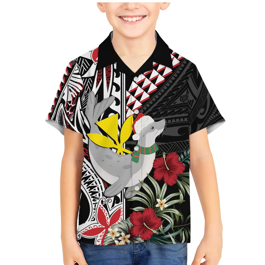 Hawaii Monk Seal Santa Family Matching Mermaid Dress and Hawaiian Shirt Hibiscus Kakau Pattern Mele Kalikimaka LT9 Son's Shirt Black - Polynesian Pride