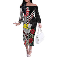 Hawaii Monk Seal Santa Family Matching Off The Shoulder Long Sleeve Dress and Hawaiian Shirt Hibiscus Kakau Pattern Mele Kalikimaka LT9 Mom's Dress Black - Polynesian Pride