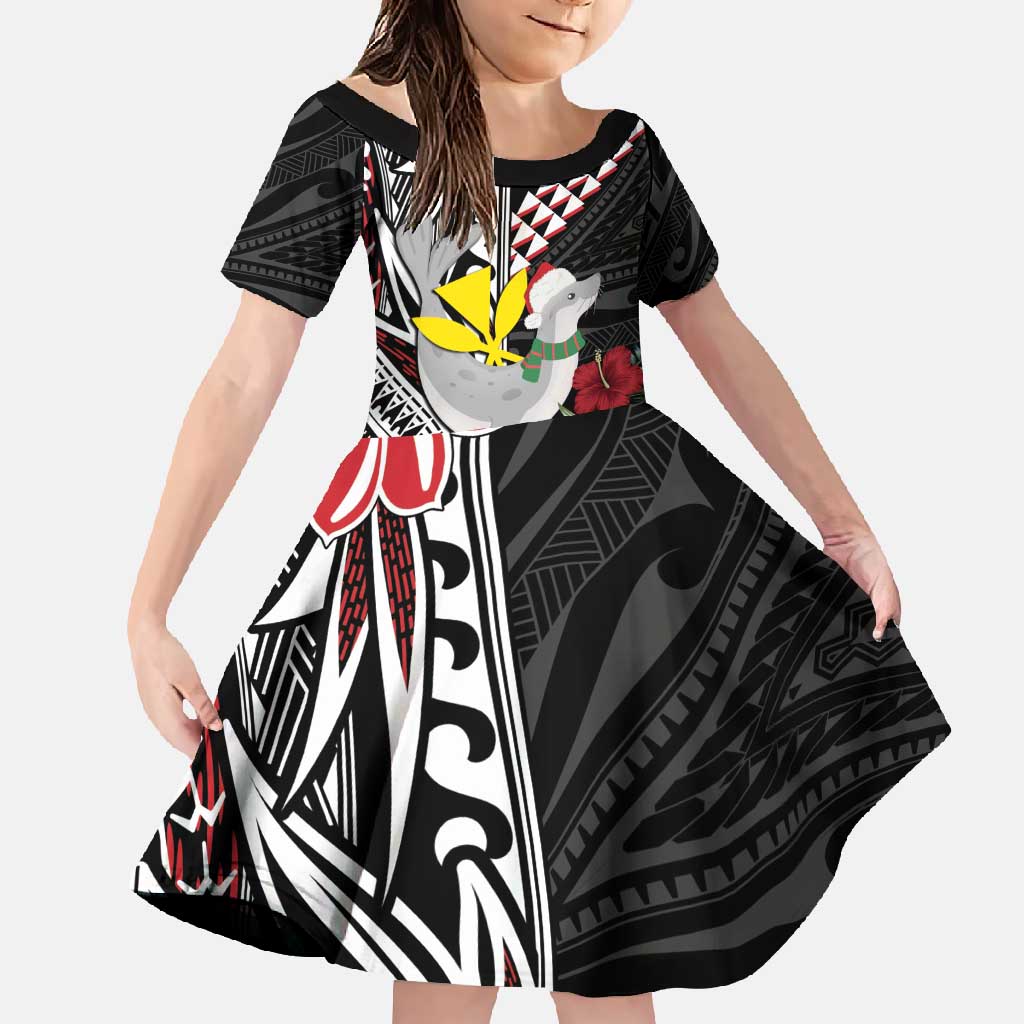 Hawaii Monk Seal Santa Family Matching Off Shoulder Maxi Dress and Hawaiian Shirt Hibiscus Kakau Pattern Mele Kalikimaka LT9 Daughter's Dress Black - Polynesian Pride