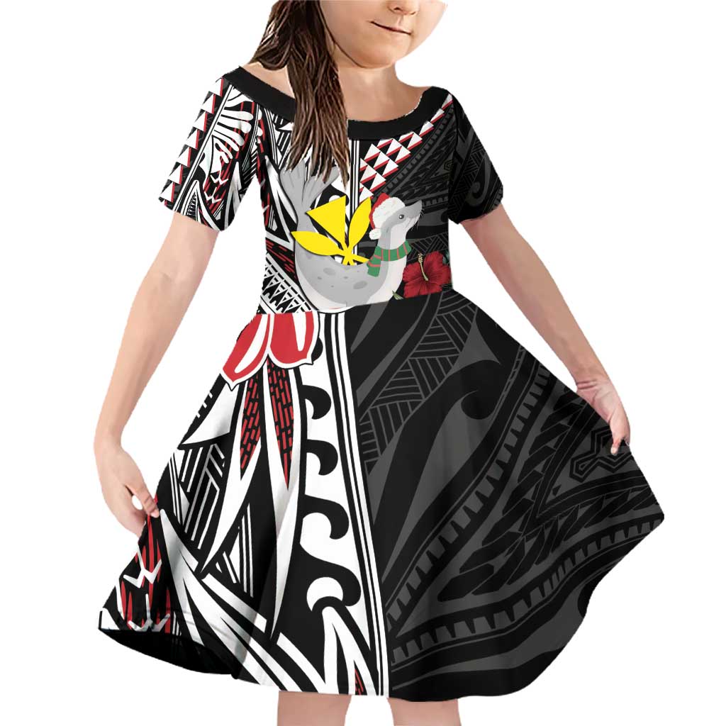 Hawaii Monk Seal Santa Family Matching Off Shoulder Short Dress and Hawaiian Shirt Hibiscus Kakau Pattern Mele Kalikimaka LT9 Daughter's Dress Black - Polynesian Pride