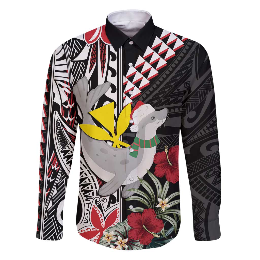 Hawaii Monk Seal Santa Family Matching Puletasi and Hawaiian Shirt Hibiscus Kakau Pattern Mele Kalikimaka LT9 Dad's Shirt - Long Sleeve Black - Polynesian Pride