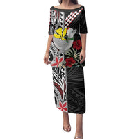 Hawaii Monk Seal Santa Family Matching Puletasi and Hawaiian Shirt Hibiscus Kakau Pattern Mele Kalikimaka LT9 Mom's Dress Black - Polynesian Pride