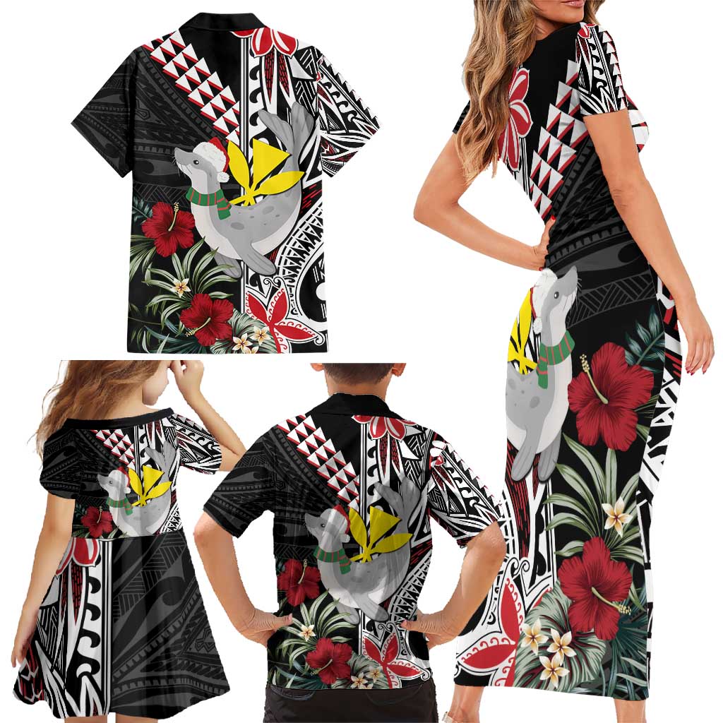 Hawaii Monk Seal Santa Family Matching Short Sleeve Bodycon Dress and Hawaiian Shirt Hibiscus Kakau Pattern Mele Kalikimaka LT9 - Polynesian Pride