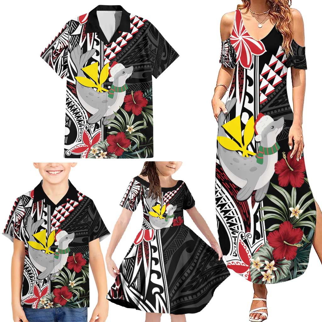 Hawaii Monk Seal Santa Family Matching Summer Maxi Dress and Hawaiian Shirt Hibiscus Kakau Pattern Mele Kalikimaka LT9 - Polynesian Pride