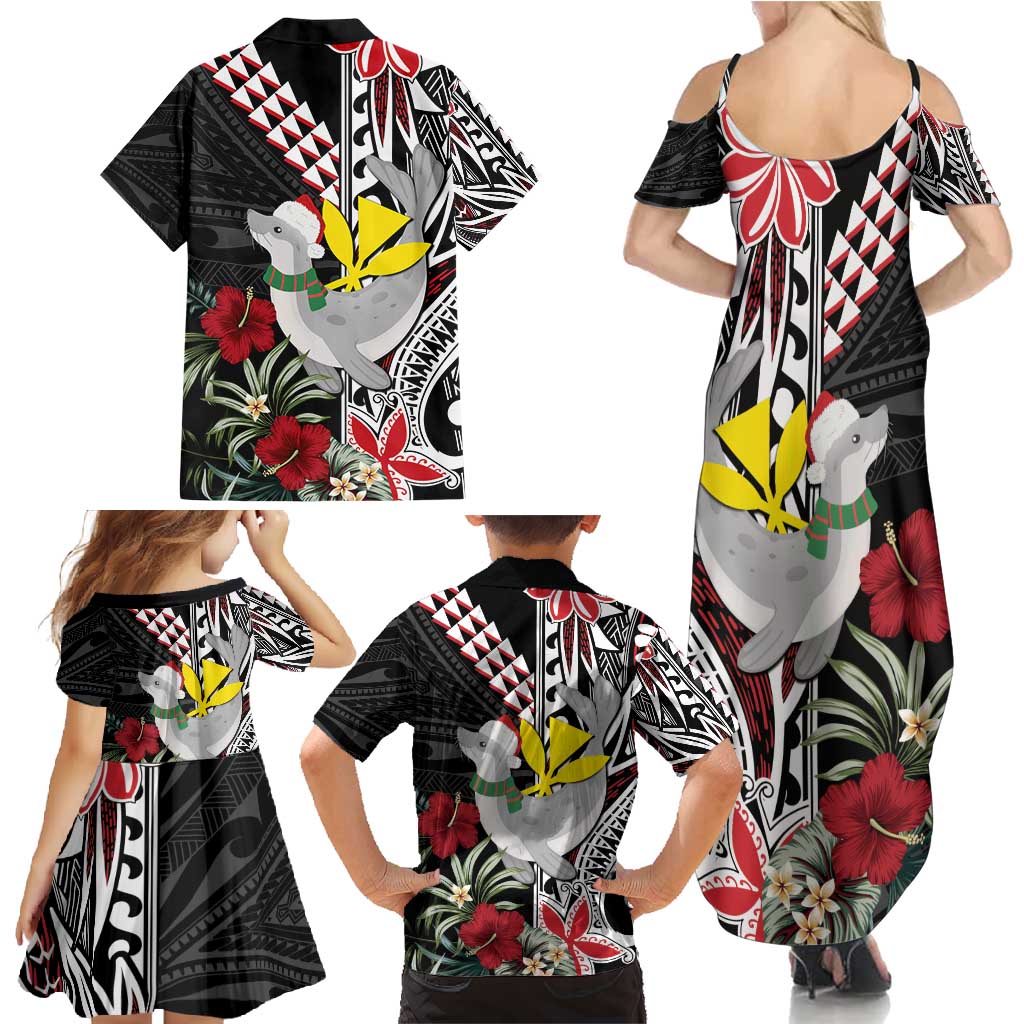 Hawaii Monk Seal Santa Family Matching Summer Maxi Dress and Hawaiian Shirt Hibiscus Kakau Pattern Mele Kalikimaka LT9 - Polynesian Pride