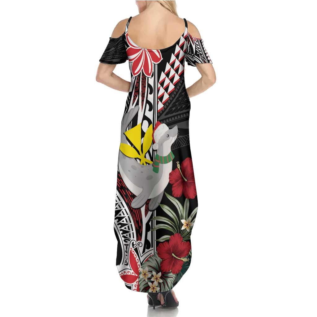 Hawaii Monk Seal Santa Family Matching Summer Maxi Dress and Hawaiian Shirt Hibiscus Kakau Pattern Mele Kalikimaka LT9 - Polynesian Pride