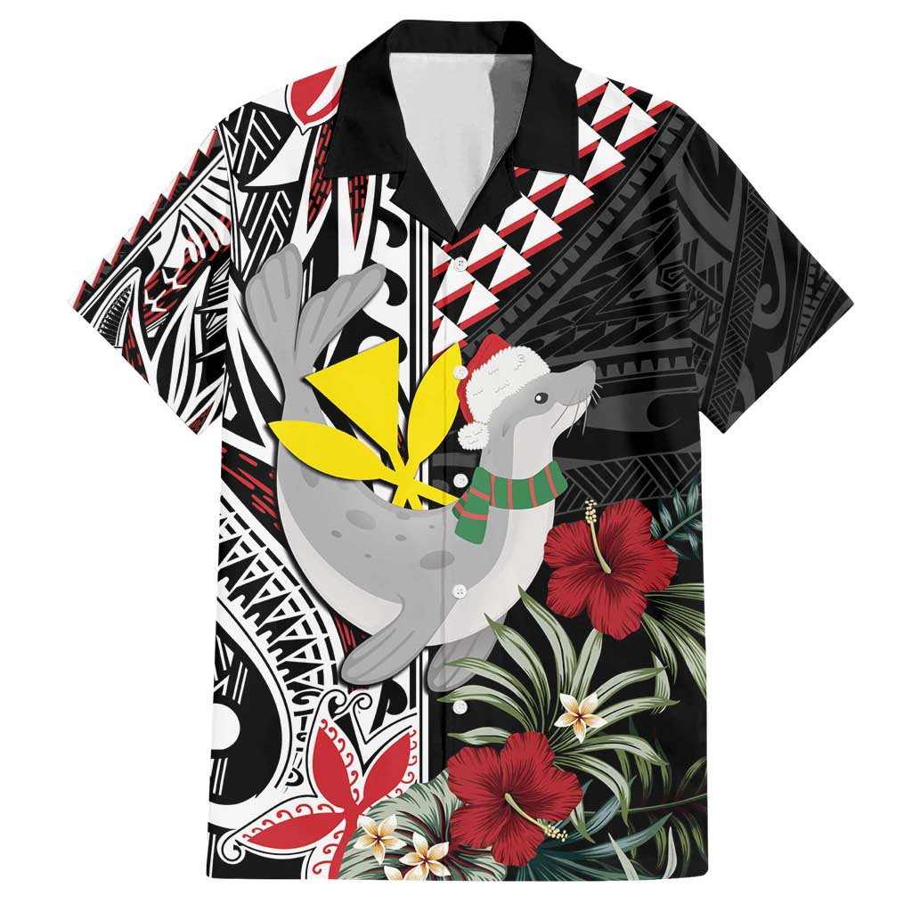Hawaii Monk Seal Santa Family Matching Tank Maxi Dress and Hawaiian Shirt Hibiscus Kakau Pattern Mele Kalikimaka LT9 Dad's Shirt - Short Sleeve Black - Polynesian Pride