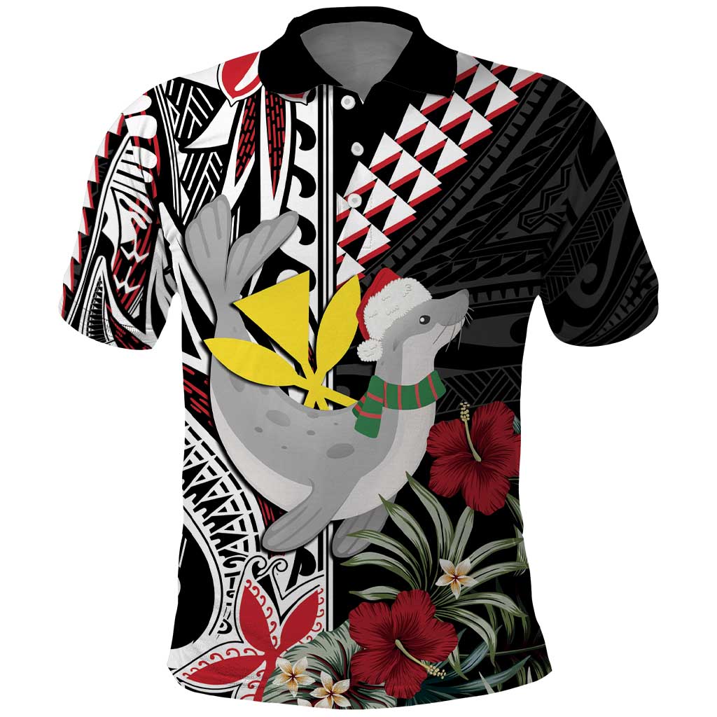 Hawaii Monk Seal Santa Polo Shirt Hibiscus Kakau Pattern Mele Kalikimaka LT9 Black - Polynesian Pride