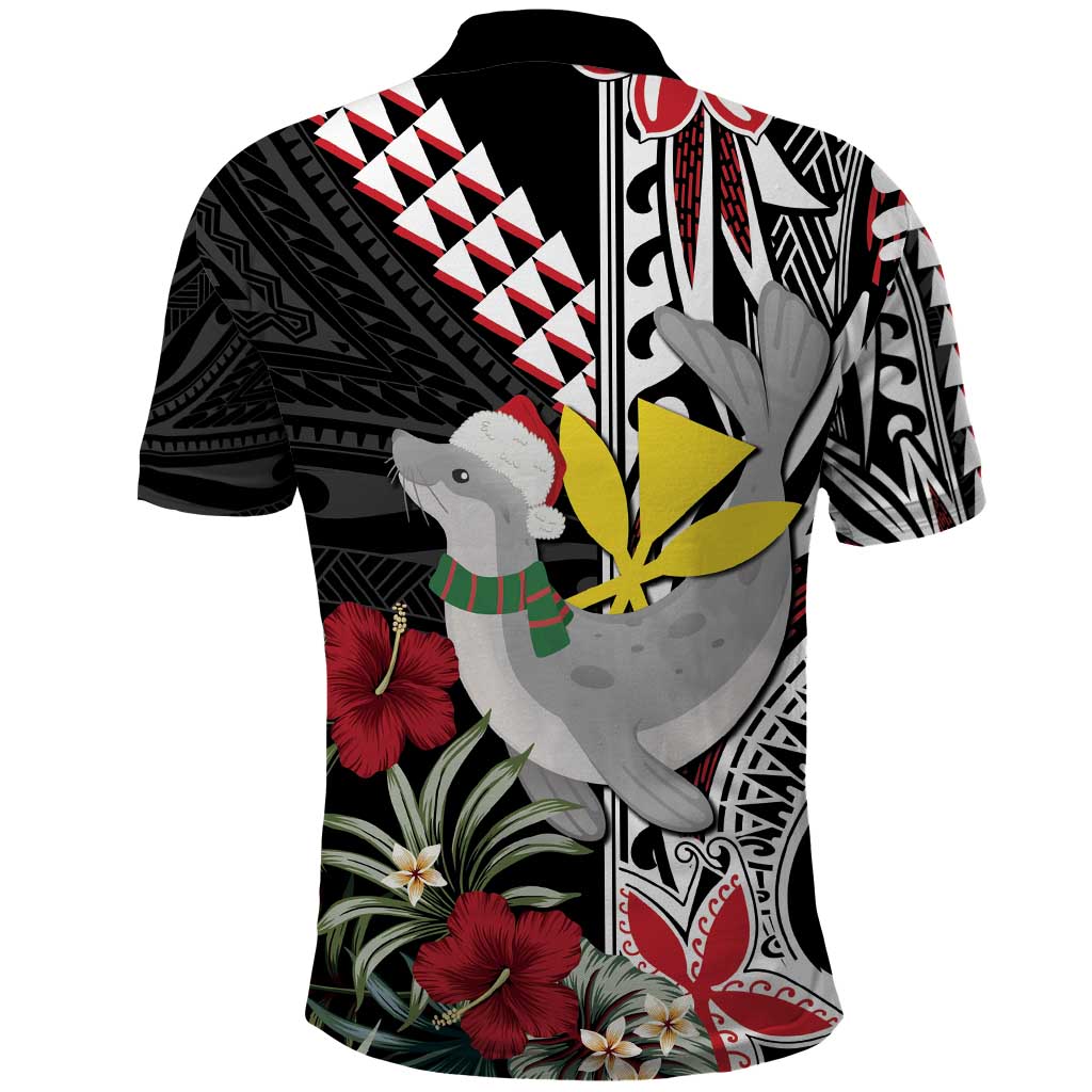 Hawaii Monk Seal Santa Polo Shirt Hibiscus Kakau Pattern Mele Kalikimaka LT9 - Polynesian Pride