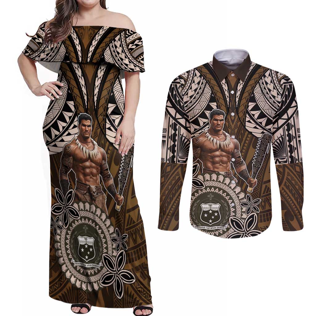 Samoa Warrior Couples Matching Off Shoulder Maxi Dress and Long Sleeve Button Shirt The Mighty Samoan Warrior Spirit