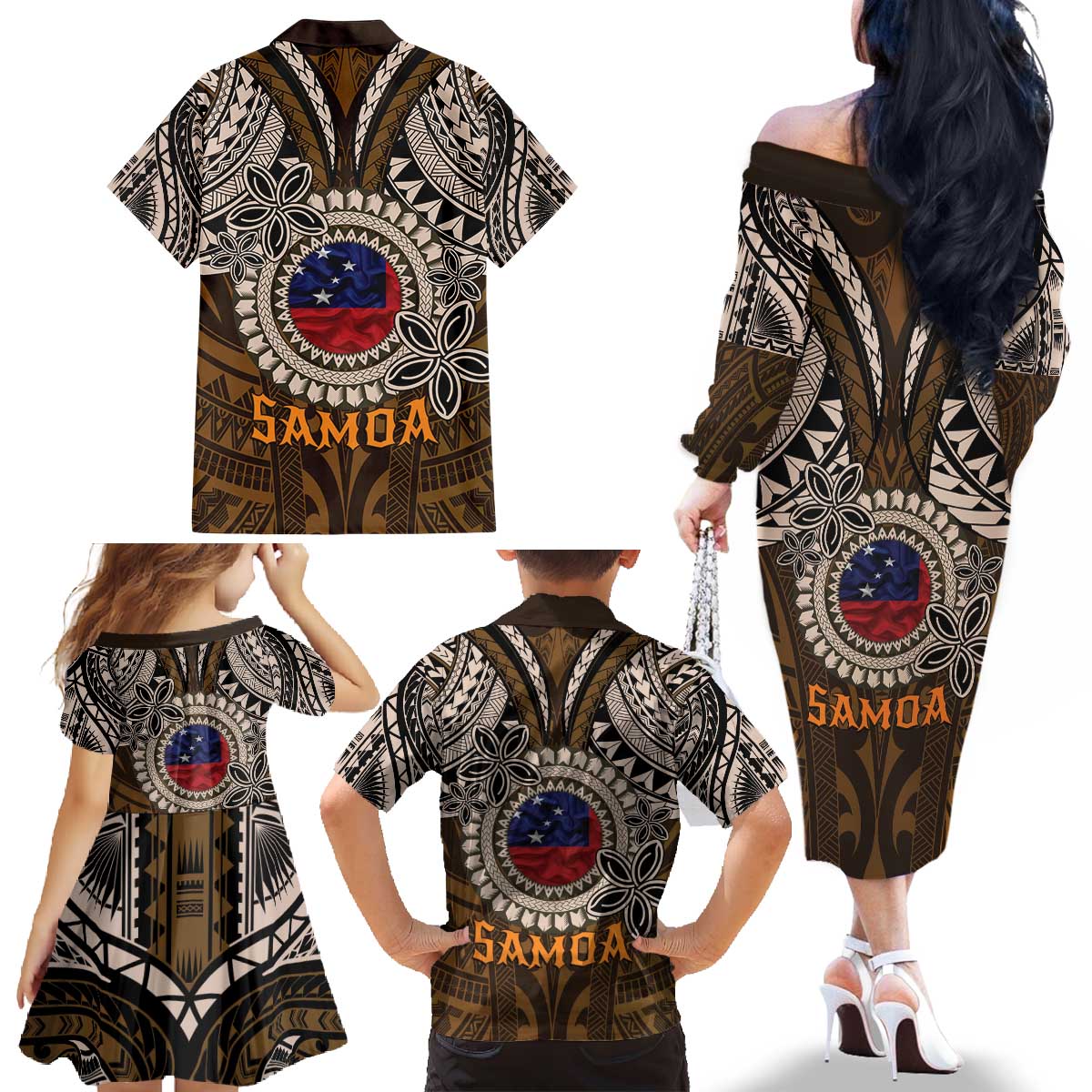 Samoa Warrior Family Matching Off The Shoulder Long Sleeve Dress and Hawaiian Shirt The Mighty Samoan Warrior Spirit LT9 - Polynesian Pride