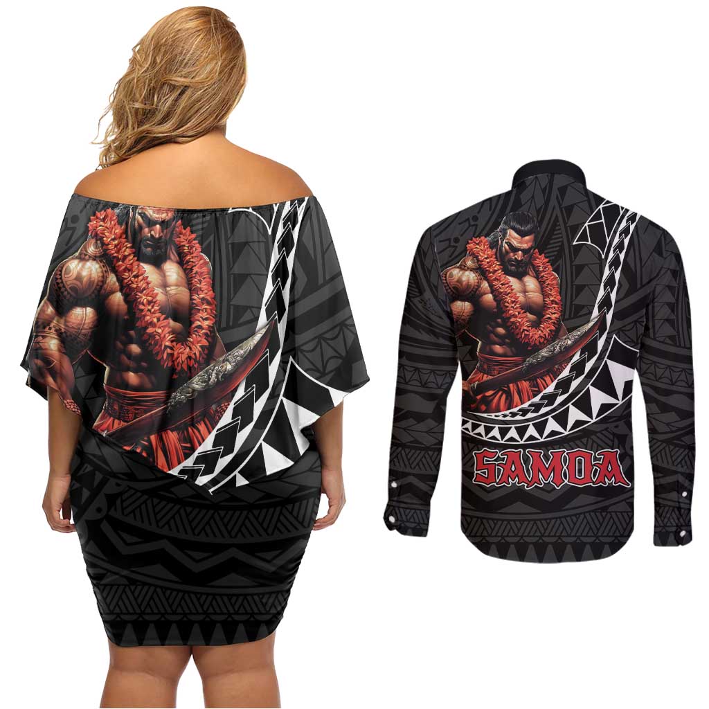 Samoan Pride Polynesian Tribal Warrior Couples Matching Off Shoulder Short Dress and Long Sleeve Button Shirt 685 Samoa Mo Samoa