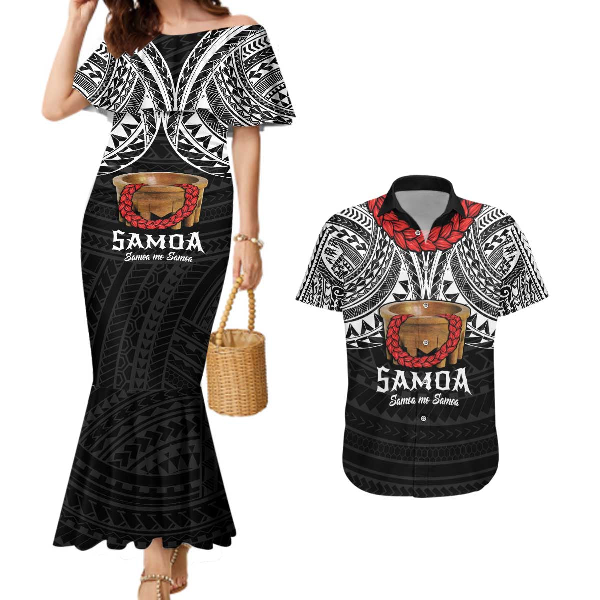 Samoan Tanoa Kava Bowl Ula Fala Couples Matching Mermaid Dress and Hawaiian Shirt Polynesian Tribal Vibe LT9 Brown - Polynesian Pride