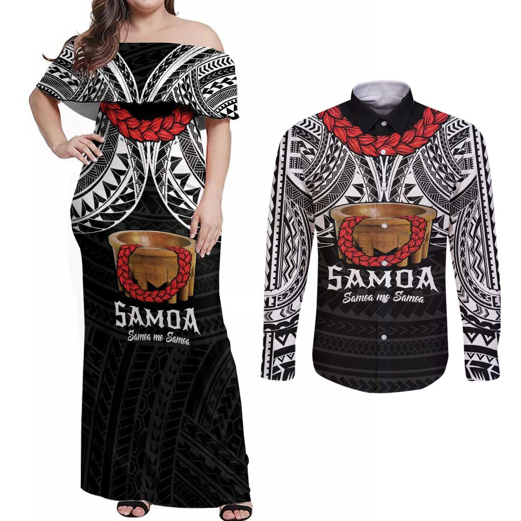 Samoan Tanoa Kava Bowl Ula Fala Couples Matching Off Shoulder Maxi Dress and Long Sleeve Button Shirt Polynesian Tribal Vibe